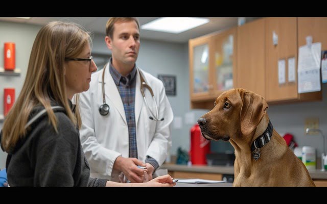 A veterinarian discussing treatment options with a dog owner