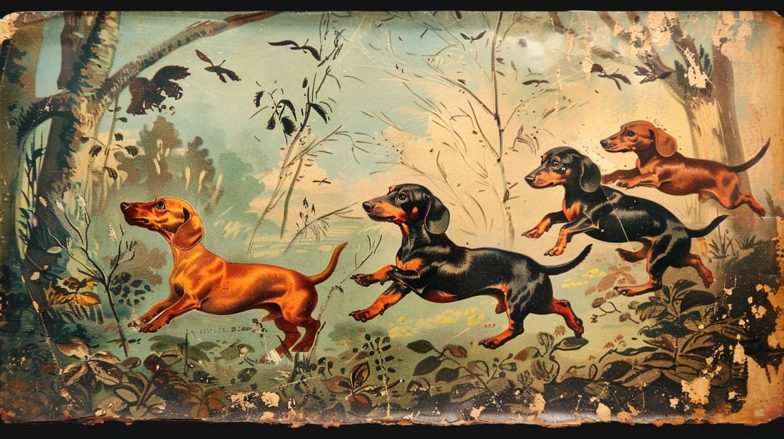 A vintage postcard or painting of Dachshunds hunting