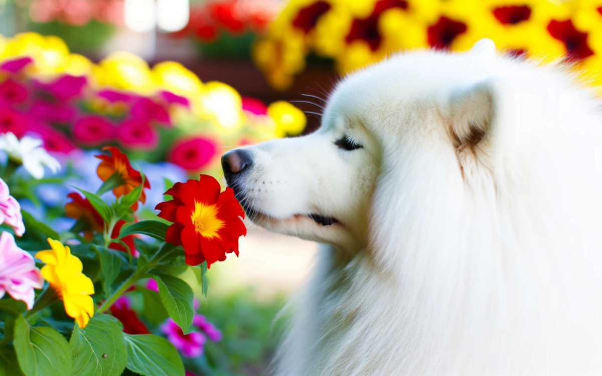 A white dog is sniffing a flower on the roadside