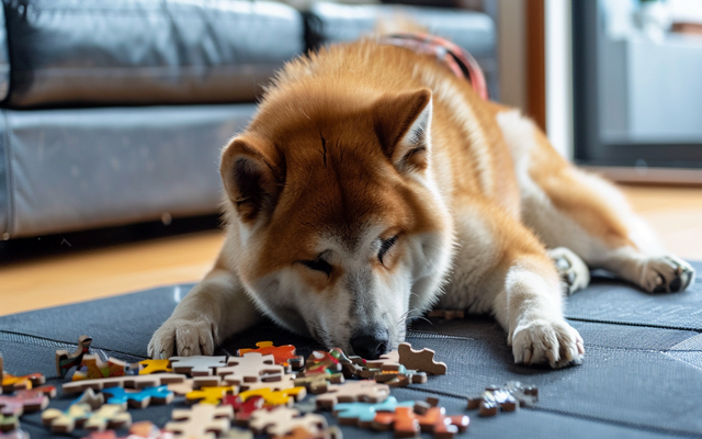 Akita engaging with a puzzle toy