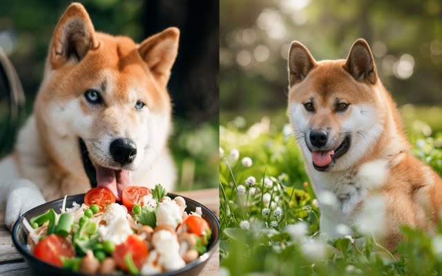 An Akita dog is enjoying a meal and an Akita dog is being active outdoors