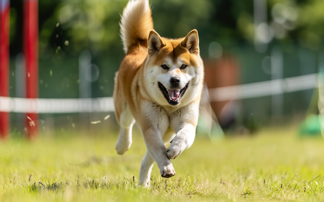 An Akita dog participating in training agility course