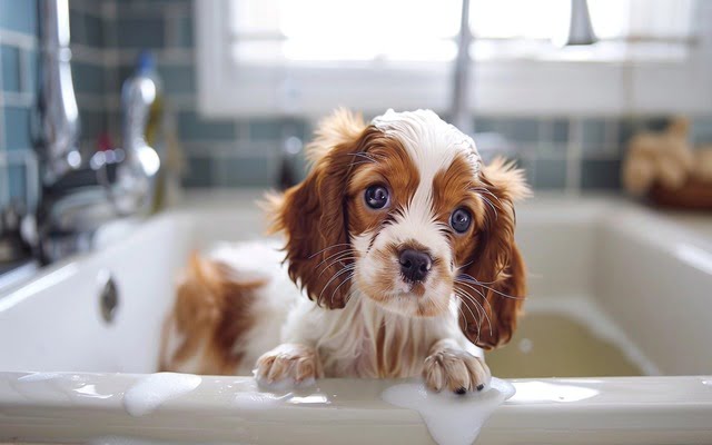 An adorable Cavalier puppy cautiously enjoying a warm bath in a kitchen sink.