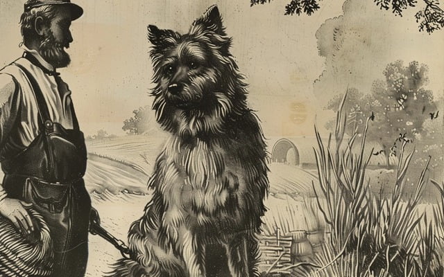 An antique illustration of a German Spitz like dog alongside a farmer.