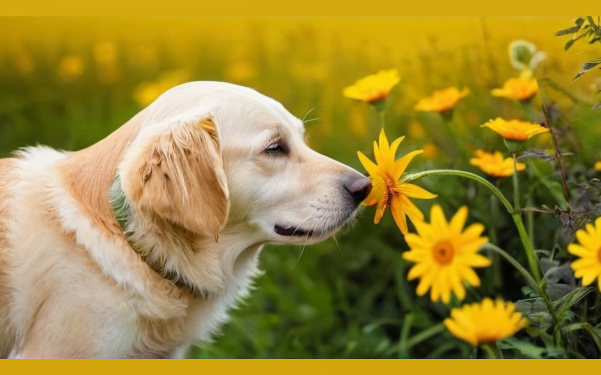A dog is smelling a flower