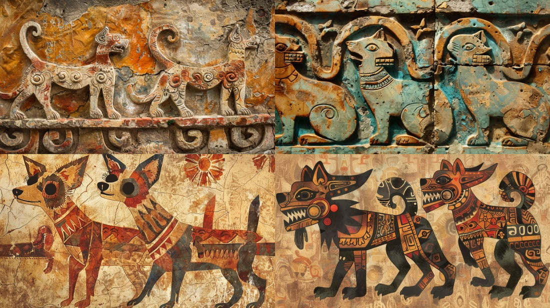 Ancient Toltec and Aztec artwork depicting dogs resembling Chihuahuas