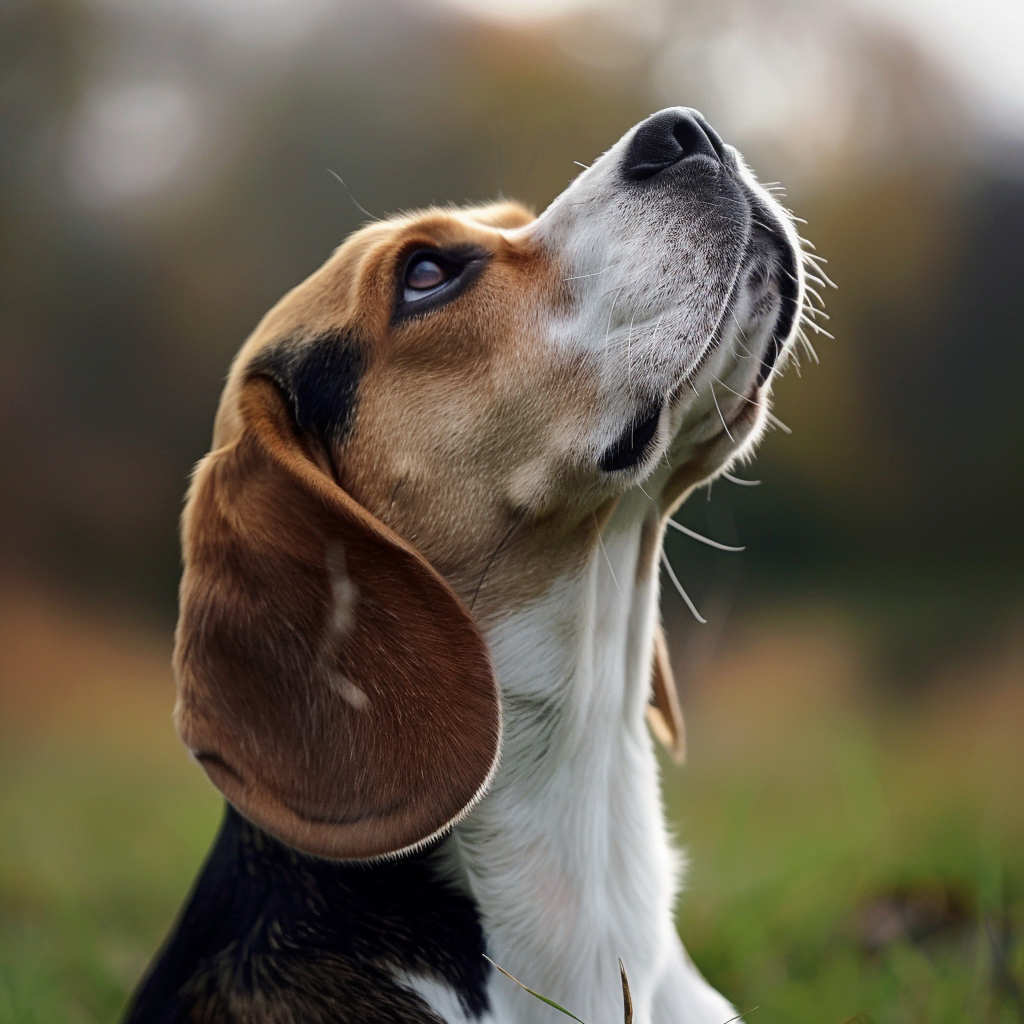 Beagle dog is looking intently at the sky.