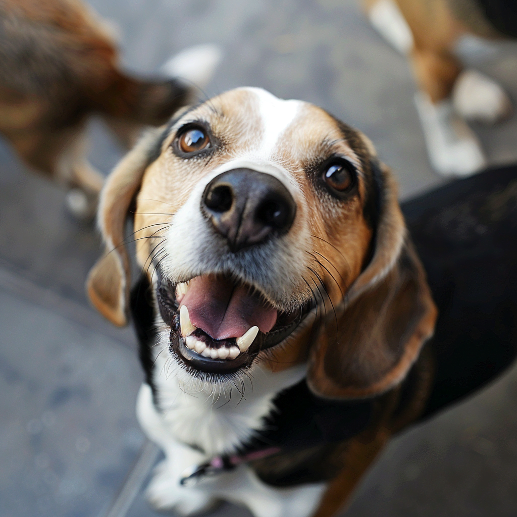Beagle dog smiles mischievously