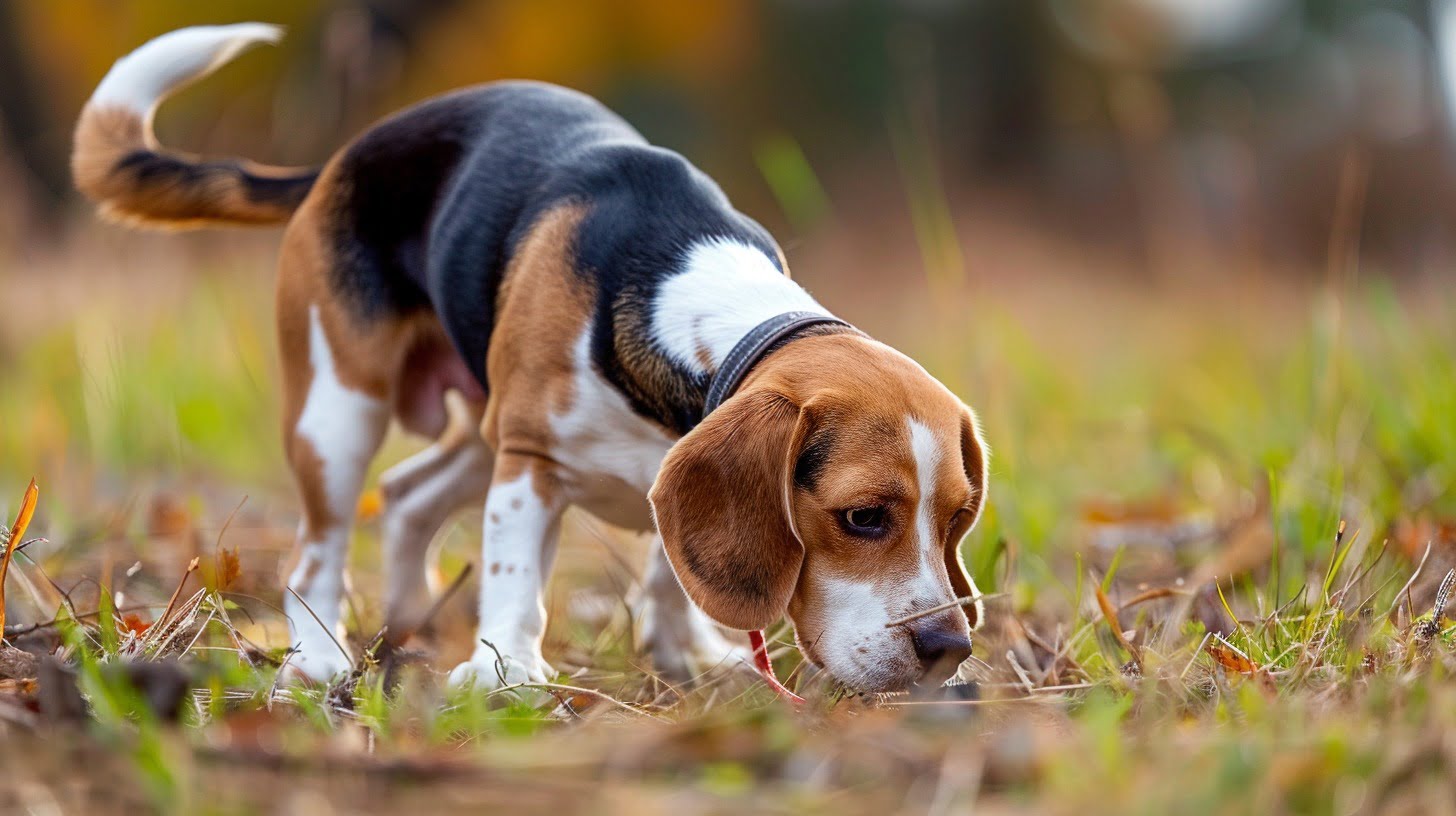 Beagle sniffing the ground, nose down and tail wagging