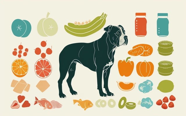 A colorful infographic illustrating the different food groups (protein, fat, carbs, vitamins, minerals) essential for a balanced Pitbull diet
