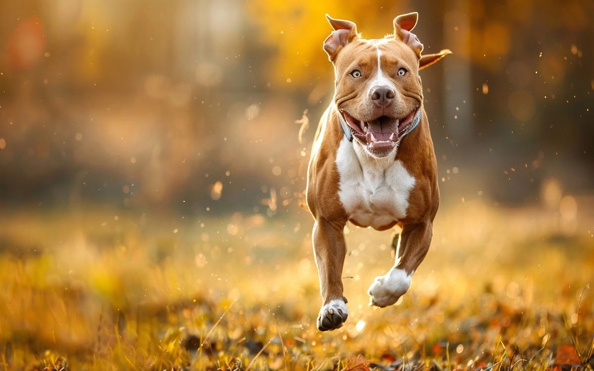 a Pitbull dog running energetically in a field