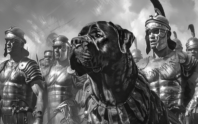 Black and white illustration of a Rottweiler-like dog alongside Roman soldiers.