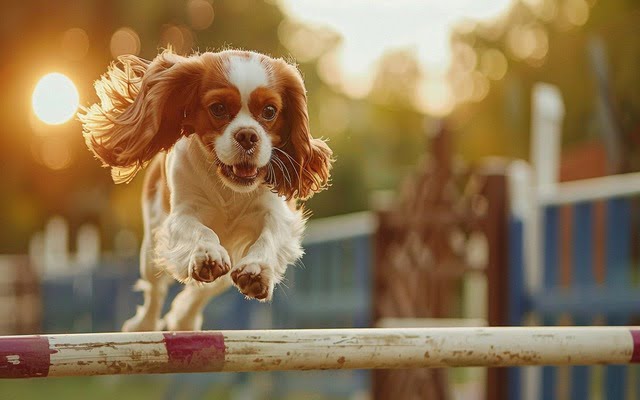 Cavalier King Charles Spaniel jumps over obstacles with agility.