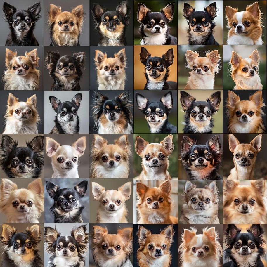 Chihuahuas with variations in coat, color and head shape