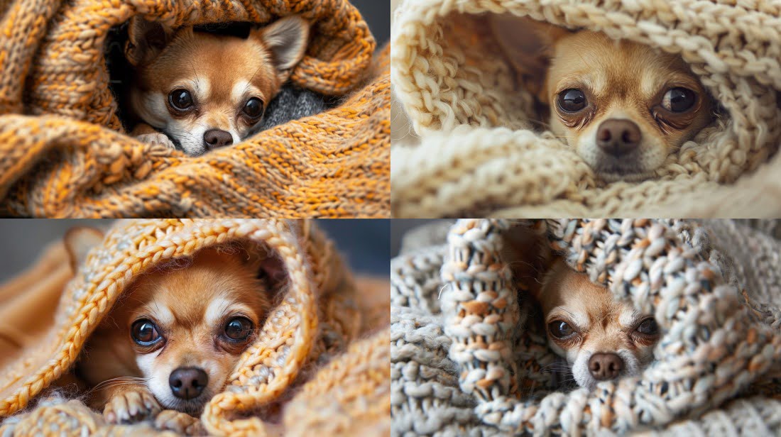 Close-up of a Chihuahua shivering or playfully burrowing under a blanket