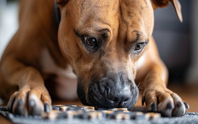 Close-up of a Staffie intently working on a challenging puzzle toy.
