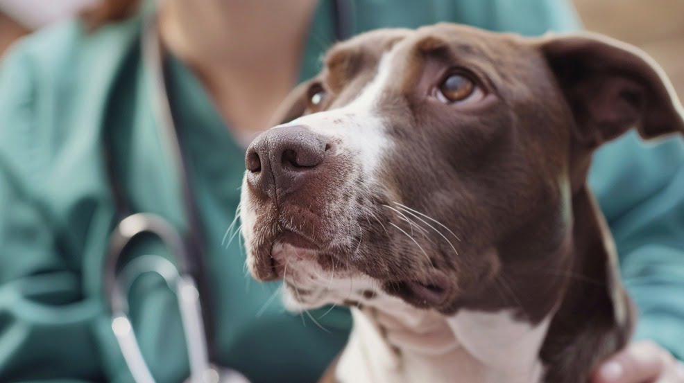 Close-up of a dog looking up eagerly, with a veterinarian