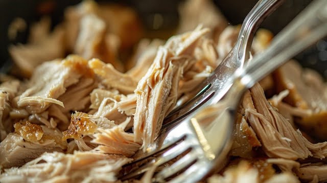 Close-up of boiled chicken shredding easily