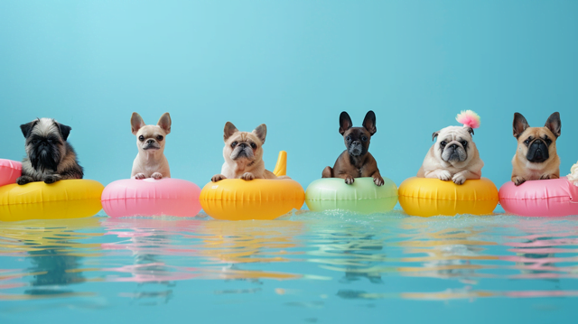 Different dog breeds all wearing tiny pool floaties