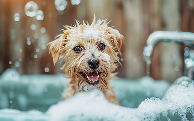 A dog is taking a bath