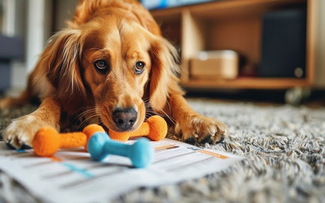Dog chewing on a toy next to a list of estimated expenses