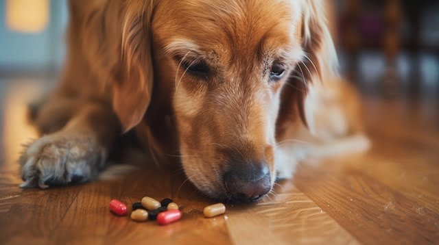 Dog-friendly probiotic capsules or dog eating probiotic-rich food
