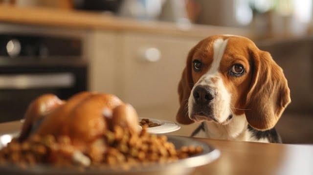 Dog turning away from kibble with boiled chicken in the background