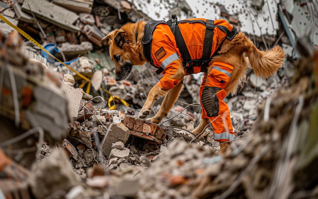 illustration image: search and rescue dog working a rubble pile