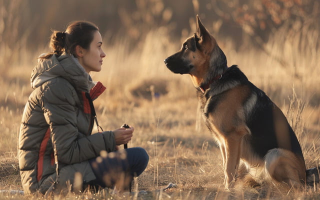 illustration image: dog and a behavioral trainer working together
