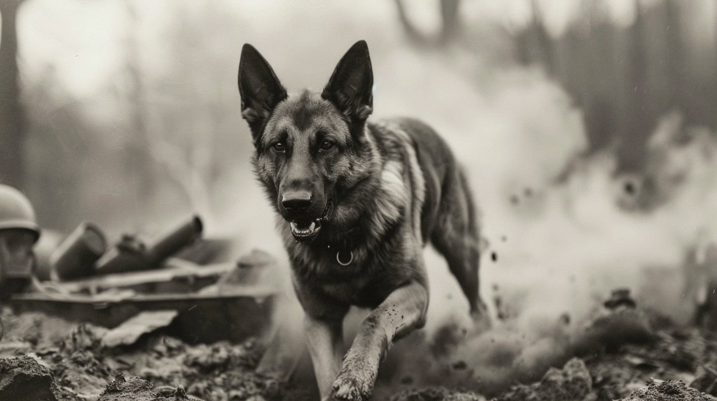 German Shepherd from the early 20th century working in a military setting