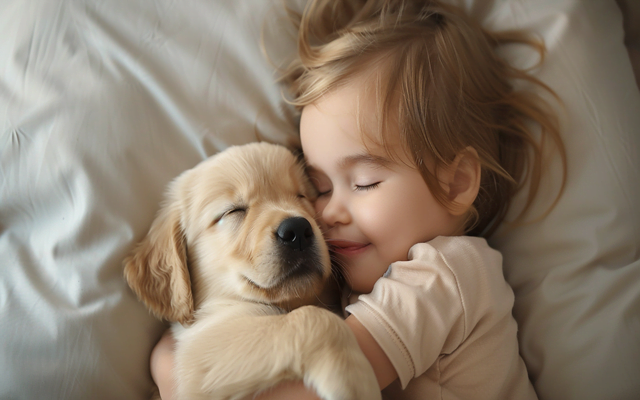 Golden Retriever puppy cuddling a child