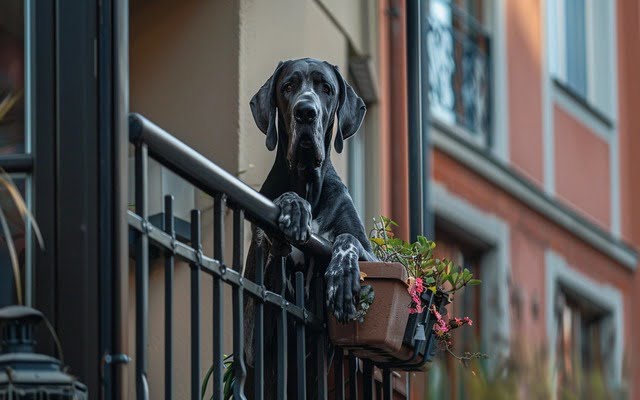 Great Dane squeezing into a small balcony