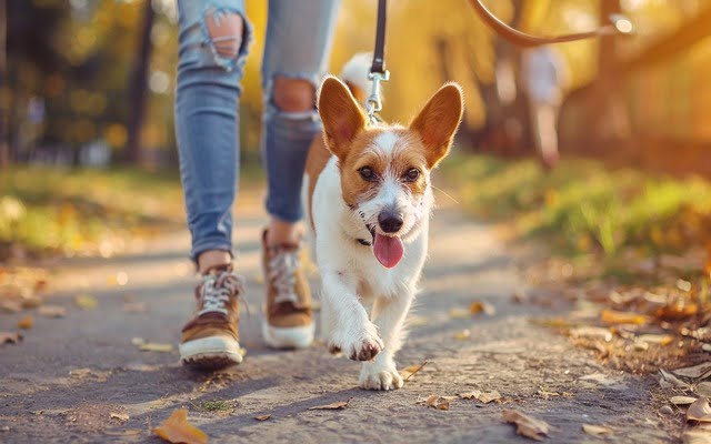 Happy dog walking on a leash with its smiling owner