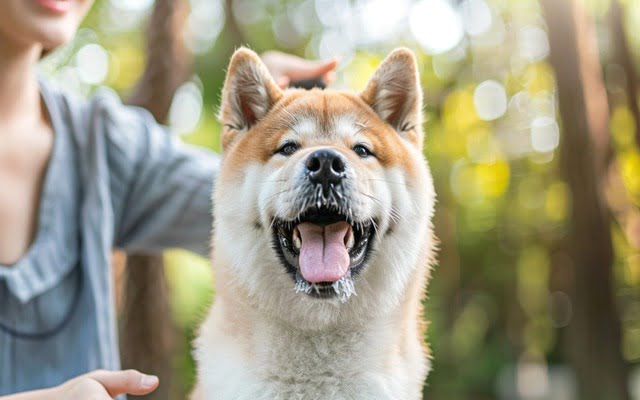 Akita happily trains with his owner showing off his beautiful double coat