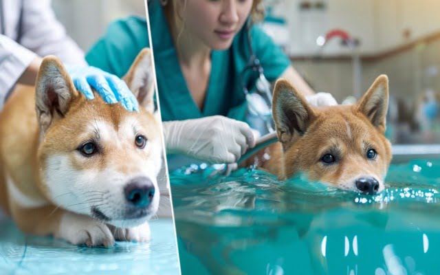 Veterinarian examining Akita's hips and another image of Akita swimming in a safe and controlled environment