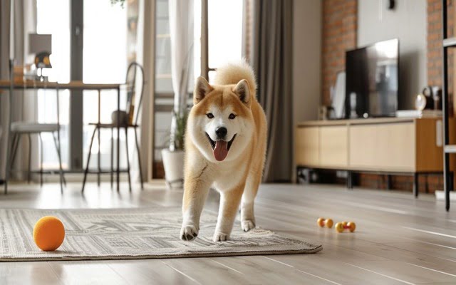 Akita is enjoying time playing with interactive toys in a spacious house