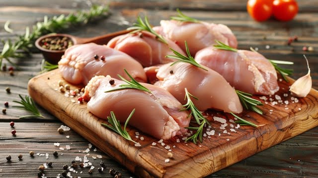 Photo of fresh chicken breasts on cutting board