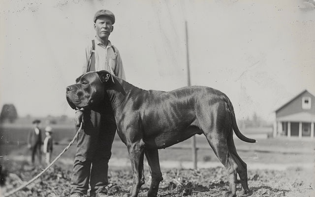 a farmer standing with a muscular dog