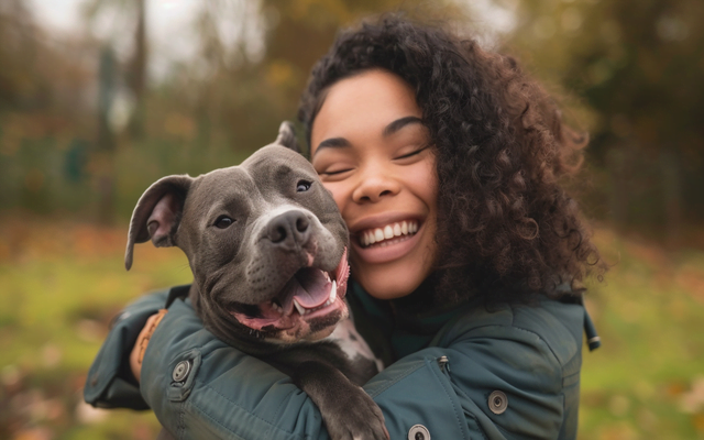 A smiling person hugging a Pitbull-type dog