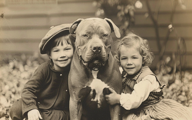 A Pitbull-type dog with children