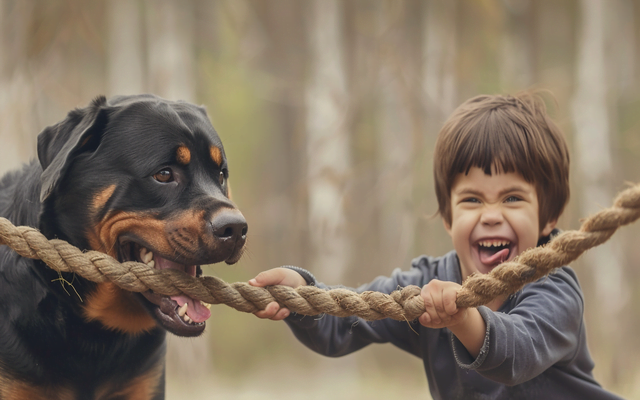 Rottweiler gently playing tug-of-war with a laughing child.