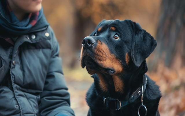 Rottweiler patiently sitting beside its owner, looking up attentively
