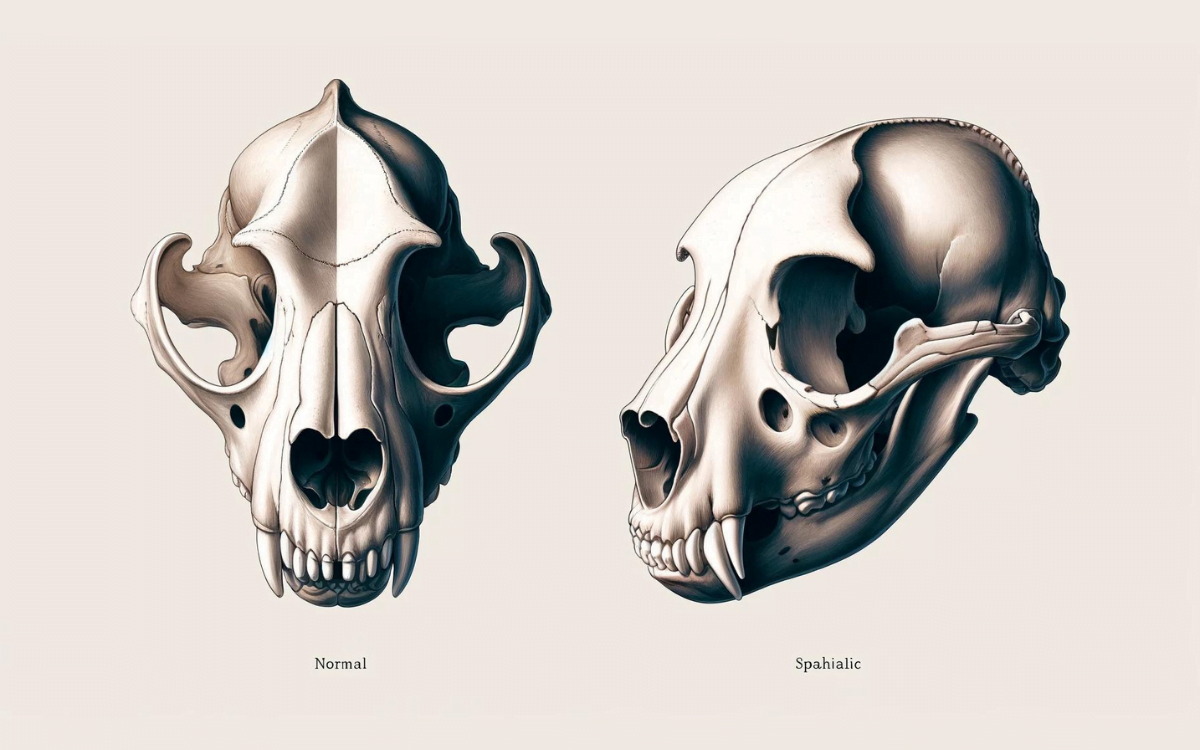 Side-by-side comparison of normal and brachycephalic dog skulls