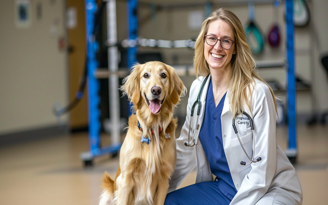 Stephanie Caverly veterinarian smiling, kneeling beside a dog