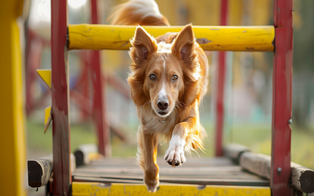 The dog is overcoming an obstacle course made by his owner