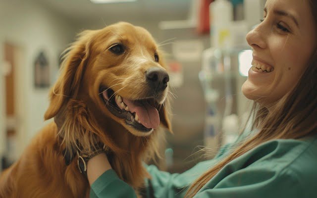 The veterinarian smiled and returned the happy dog to its owner