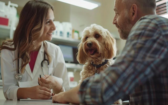 Veterinarian discussing post-operative care instructions with dog