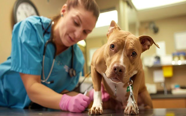 Veterinarian examines dog before surgery