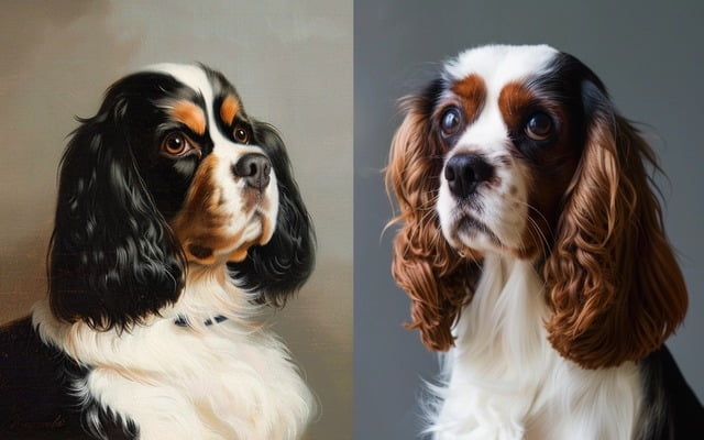 Vintage painting of a Cavalier from the time of King Charles II next to a photo of a modern Cavalier King Charles Spaniel.