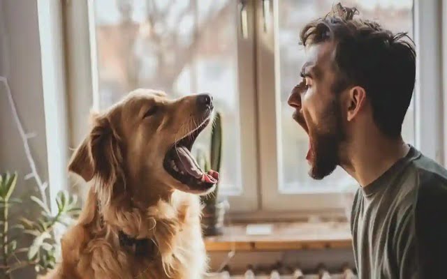 a dog mirroring its owner's behavior, like yawning after the owner yawns.